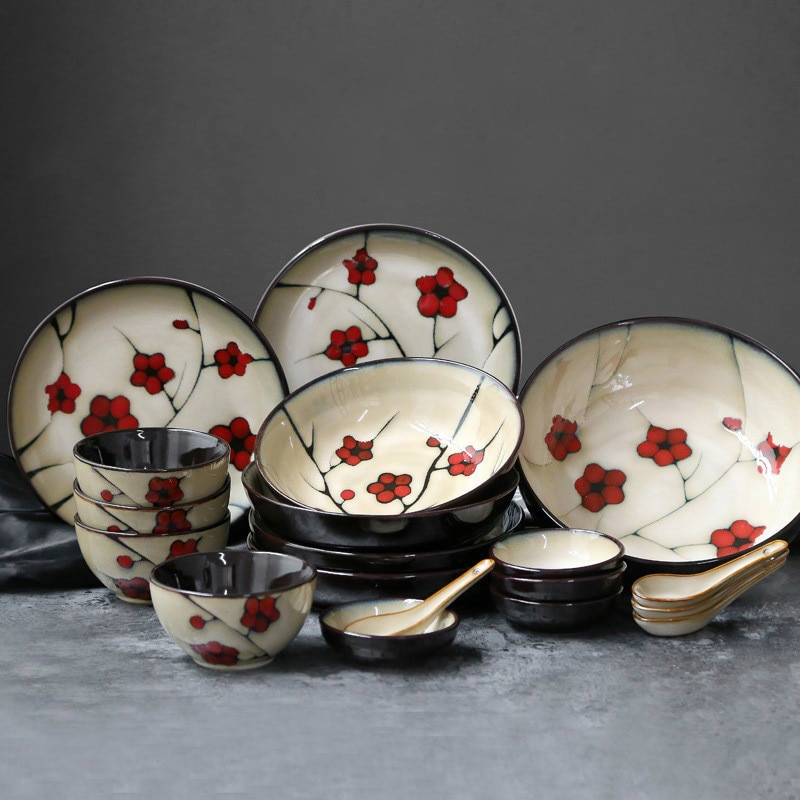 Korean Day Boutique Ceramic Tableware Hand-painted Plate Bowl Pastoral Style Red Round Underglaze Series Noodle Bowl
