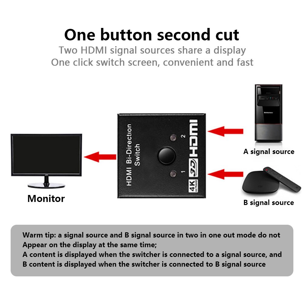 Laptop Switch Home Office Plug And Play Audio 1 Input 2 Output Device Bidirectional Stable 4K 2K Video Manual Practical