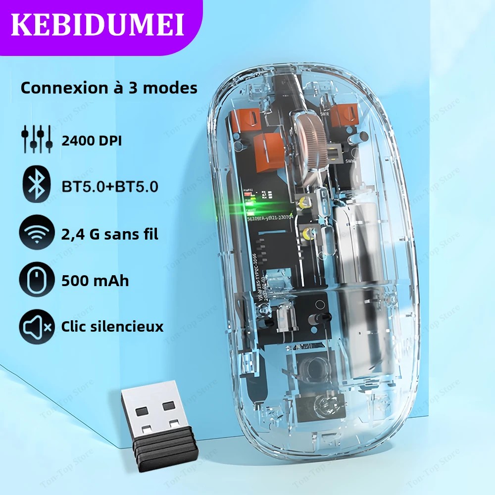 Dual Bluetooth 5.0 Mouse 2.4G Wireless Mouse Tri-Mode Transparent Mouse 2400DPI Silent Mouse 500mAh Rechargeable Mice for Laptop