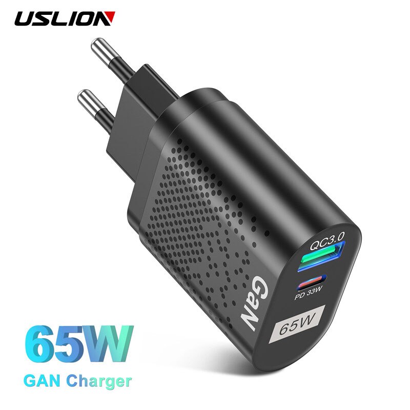 USLION PD 65W GaN ładowarka szybka ładowarka typu C PD ładowarka USB z QC 3.0 przenośna szybka ładowarka do laptopa iPhone 13 Pro Xiaomi