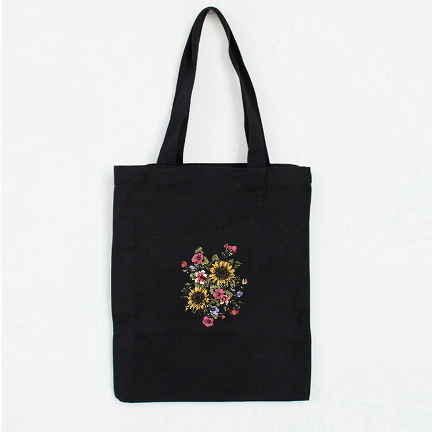 Women Canvas Shopping Bags Eco Reusable Sweet Ladies Vintage Literary Bags Women Beach Bags Sun Flower Printed Colorful: W116BLACK