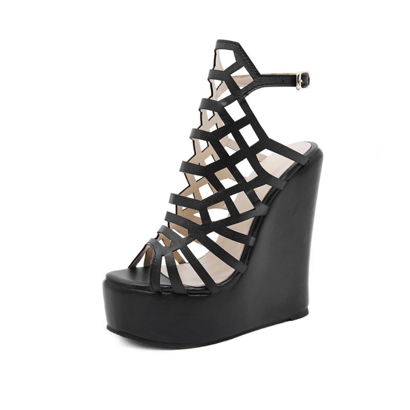 15cm hak plateau sandalen dames zwarte wedges schoenen uitgehold hoge hakken sandalen dames wedge sandalen sandaal compense: 8