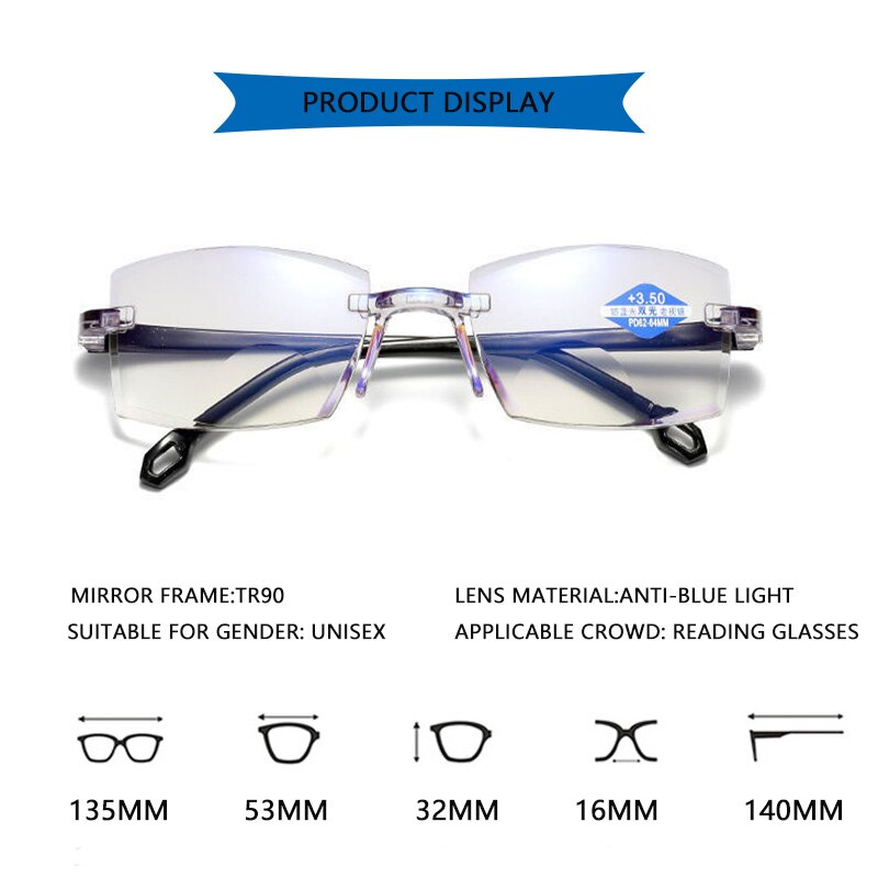 Rimless Bifocale Leesbril Mannen Vrouwen Anti Blauw Licht Verziend Glazen Dioptrie 150 250 TR90 Onbreekbaar