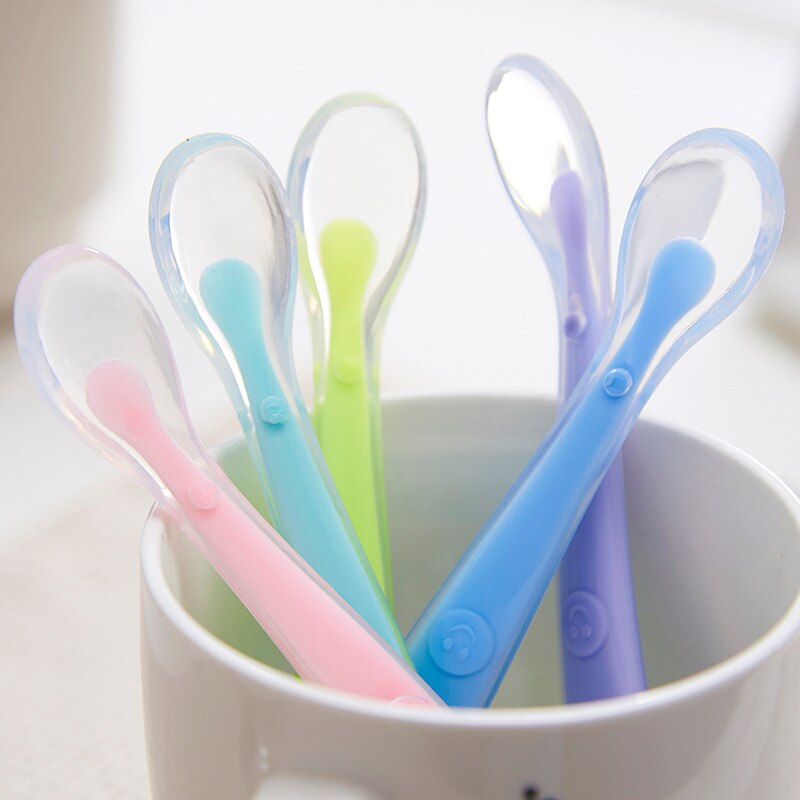 Cucharas de alimentación de bebé, vajilla para cubiertos para niños, cubiertos, cuchara, herramientas de silicona para de varias telas, lote, cucharón de sopa