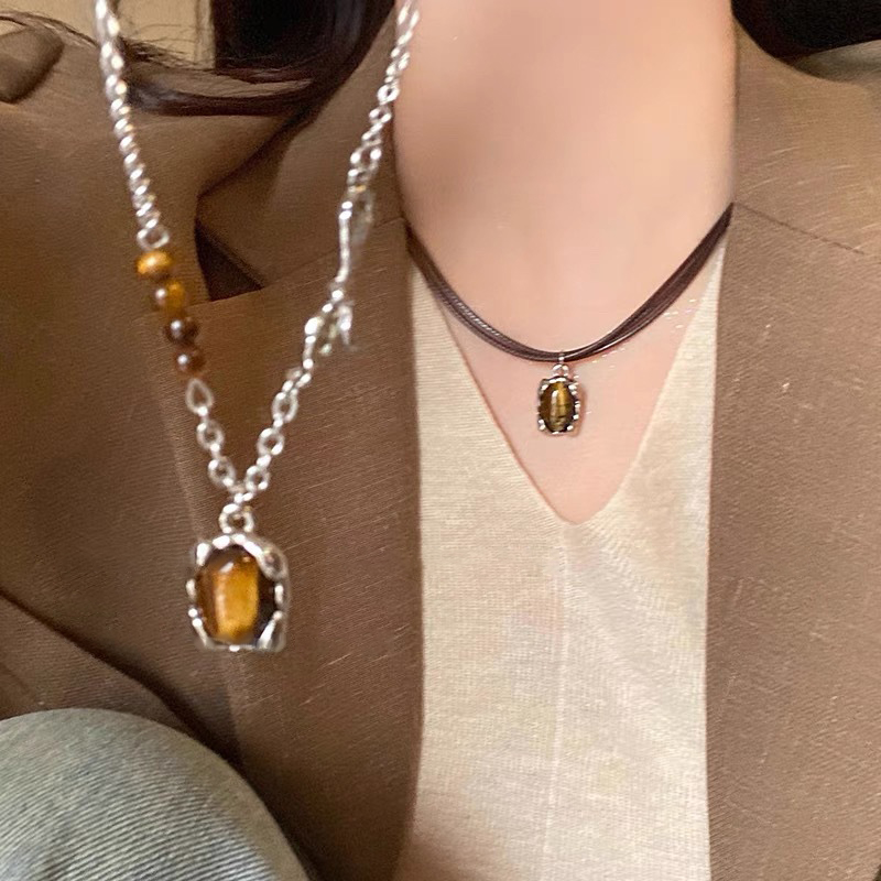 Collar con colgante de piedra marrón de cuero Vintage, gargantilla apilable, cadena de clavícula con temperamento para mujer y niña, collar de Otoño Invierno