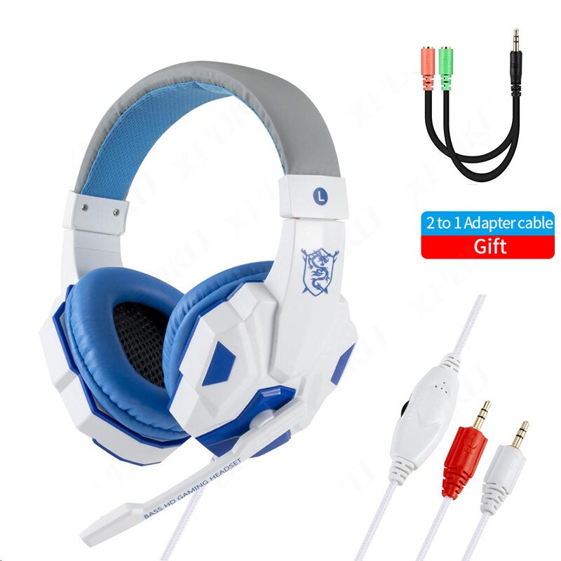 Com fio fone de ouvido gamer fones de ouvido led luz 3.5mm isolamento ruído fone de ouvido com controle volume microfone para computador portátil ps4: White Blue No Light