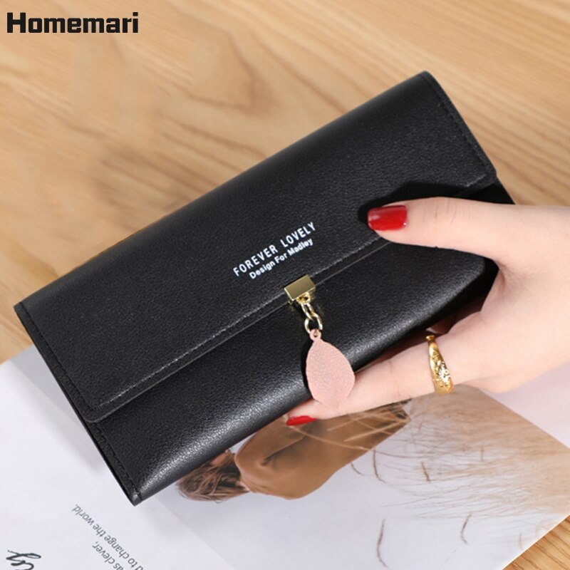 Homemari mulheres couro do plutônio carteiras femininas bolsas longas sacos de dinheiro folha telefone bolso senhoras carteira titular do cartão embreagem mujer 2021: long-black