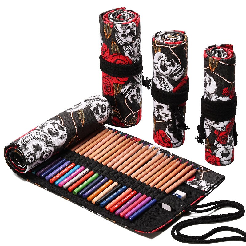 72 Gaten Schoolbenodigdheden Roll-Up Potlood Zakken Voor Kleur Potlood Pennen Tas Potlood Pouch Canvas Handgemaakte Bloemenprint kawaii Bgas: 72 hole Rose Skull