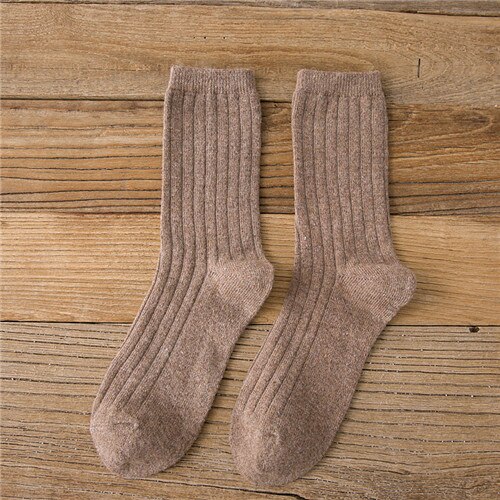 Chaozhu Herfst Winter Wol Dikker Warm Basic Effen Kleuren Sokken Rib Losse Gestapelde Basics Sokken Vrouwen: Bruin