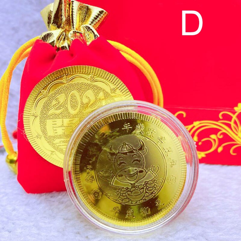 Year of The Ox Zodiac Gold Coin with Year Red Cloth Bag Commemorative Coin Feng Shui Decorations Supplies GHS99: d