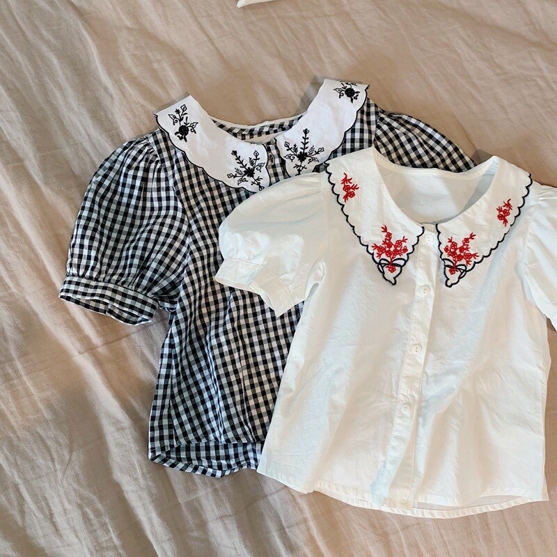 Baby Girls Embroidered Plaid Shirt Sweet Toddler Blouse Infant Summer Short Sleeve Children Cotton Shirts Kids Tops Pants