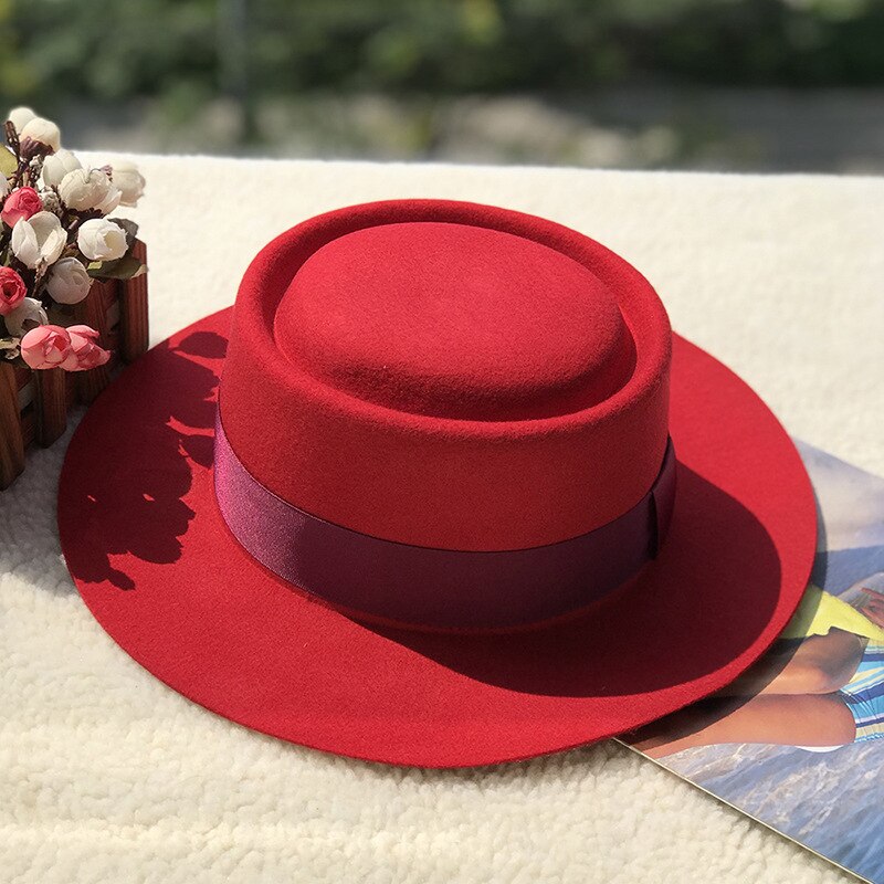 01911- fcm 368 britisk stil uldring flad fedoras kasket mænd kvinder panama jazzhat: Rød
