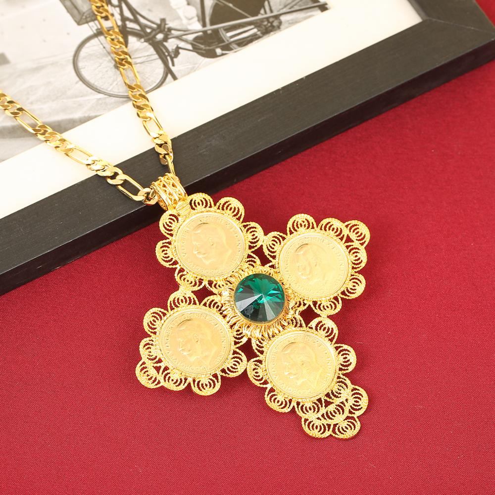 Ethiopian Coin Cross Pendant Necklace Women Men Gold Color Jewelry Africa Habesha Eritrea Jewelry