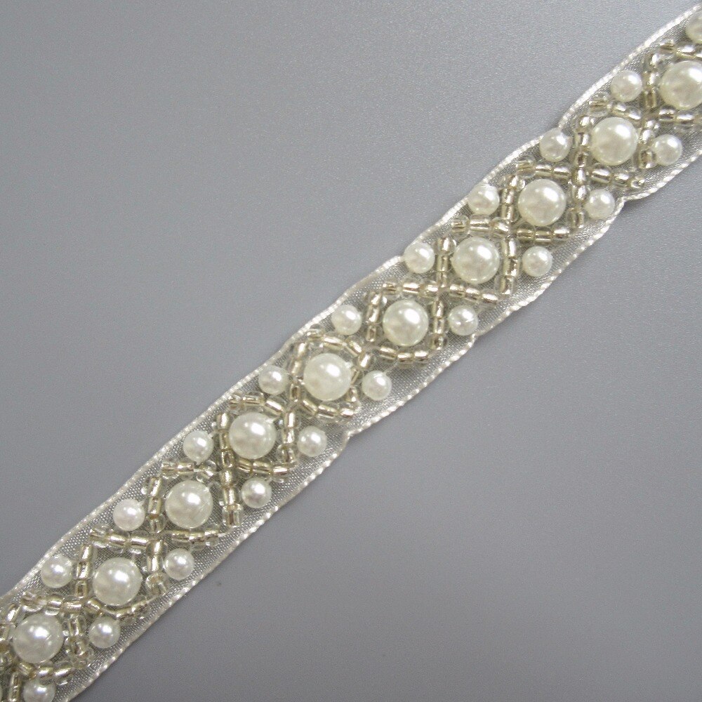 1 Yard 1.5cm Ivory Pearl Beaded Handmade Lace Trims Wedding Dress Belt Sash Ribbon Bridal Applique Fabric Sewing Craft DIY