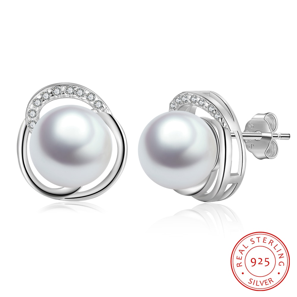925 Sterling Silver Pearl Stud Earrings for Women Cubic Zirconia Female Wedding Earrings Statement Party Jewelry