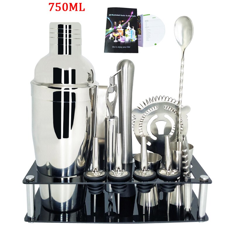 Premium Shaker Barware Set - 13 Pieces Bartender Kit Includes shaker , rack, spoon, pourer, straw & ice tong Cocktail Shaker: 13P 750ML Rack