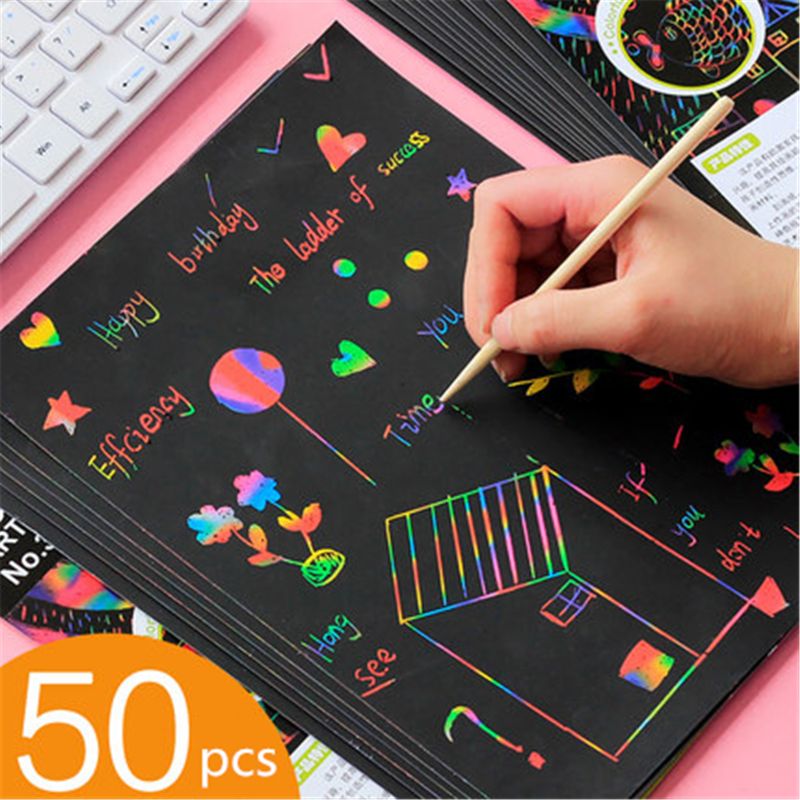 Scratch Art Set, 50 Piece Rainbow Magic Scratch Paper for Kids Black Scratch Off