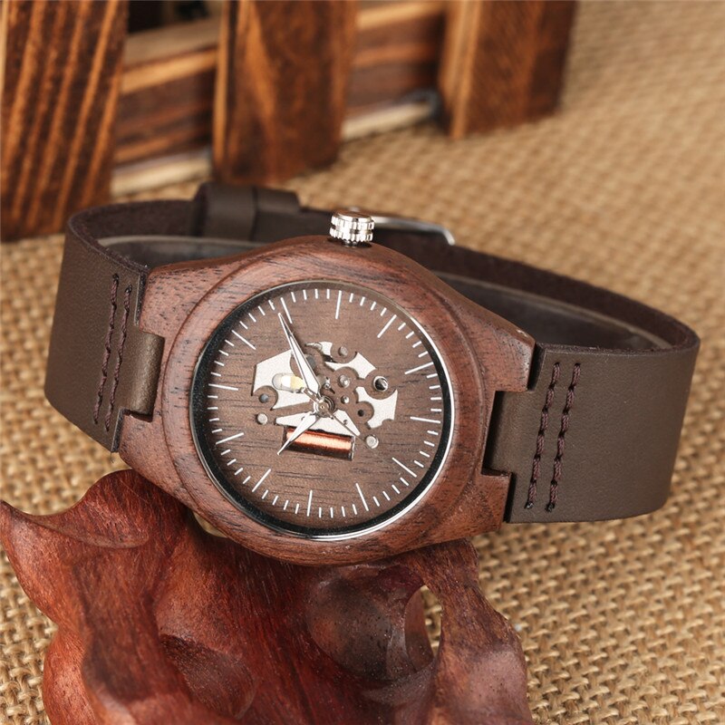 Relógio Casal Relógio de Quartzo Pulseira de Couro Feitos À Mão de madeira Walnut Madeira Relógios Oco Dial reloj parágrafo parej Presente do Amante Dia Dos Namorados