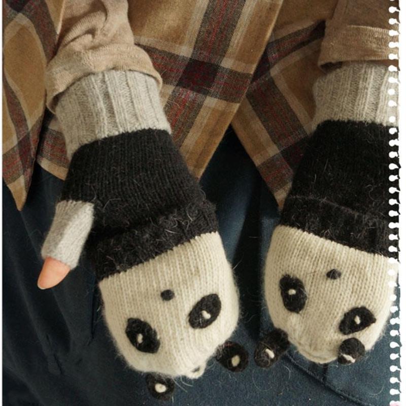 Mori Girl Lolita Kawaii medio dedo dibujos animados encantador oso León invierno guantes De lana guantes gruesos sin dedos calientes Luvas De Inverno: panda