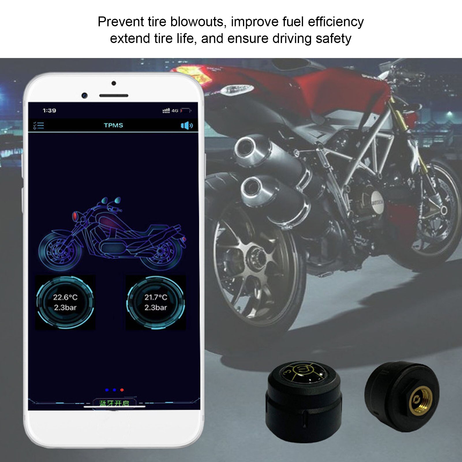 Bluetooth 5.0 Motorcycles TPMS Tire Pressure Monitoring System 2 External Sensors for Android for IOS Replacement