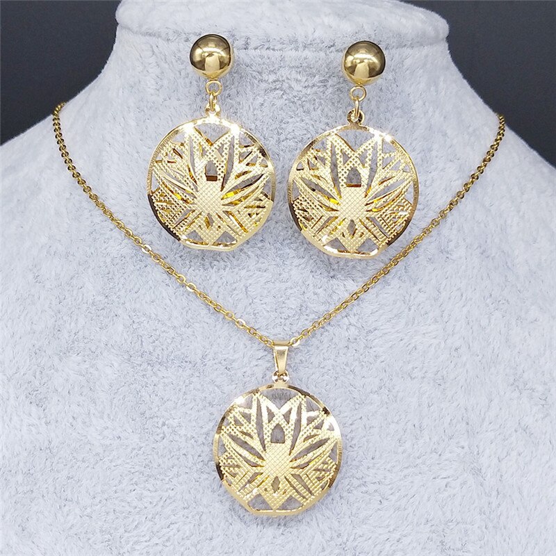 Bloem Van Het Leven Rvs Sieraden Set Vrouwen Hollow Goud Kleur Ketting Oorbellen Set Sieraden Set Acero Inoxidable S1341S01