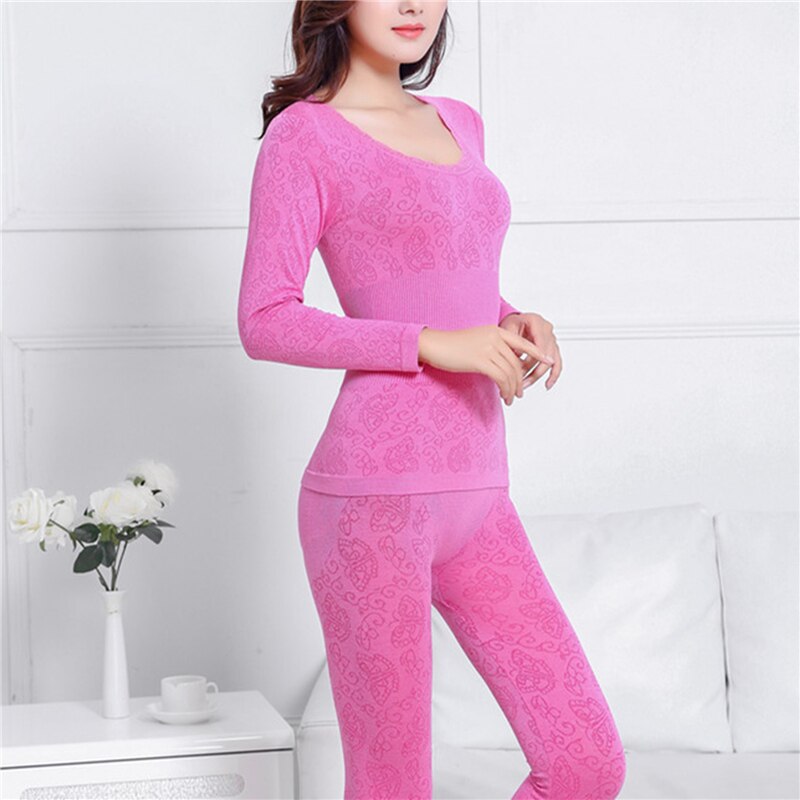 Vrouwen Nachtkleding 2 Stuks Herfst Winter O Hals Top Lange Broek Thermisch Ondergoed Elastische Warme Zachte Nachtkleding Set Kerstcadeaus: Pink