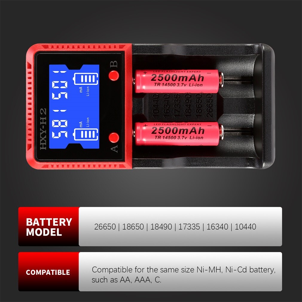 Hxy-H2 Digital Lcd Display Battery Charger Advanced Protection Batteries For 26650/18650/18490/17335/16340/10440 Black