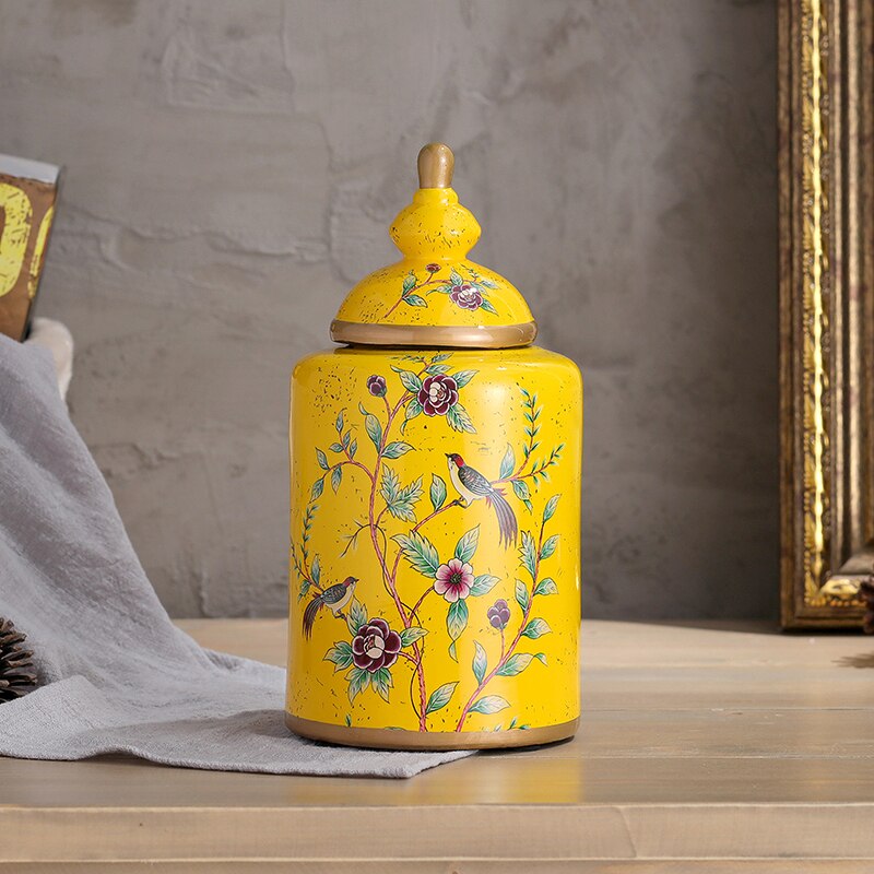 Blomster mønster klassisk keramik vase antik slik krukke te dåse universal porcelæn opbevaring krukker vintage hjem indretning: Gul lille