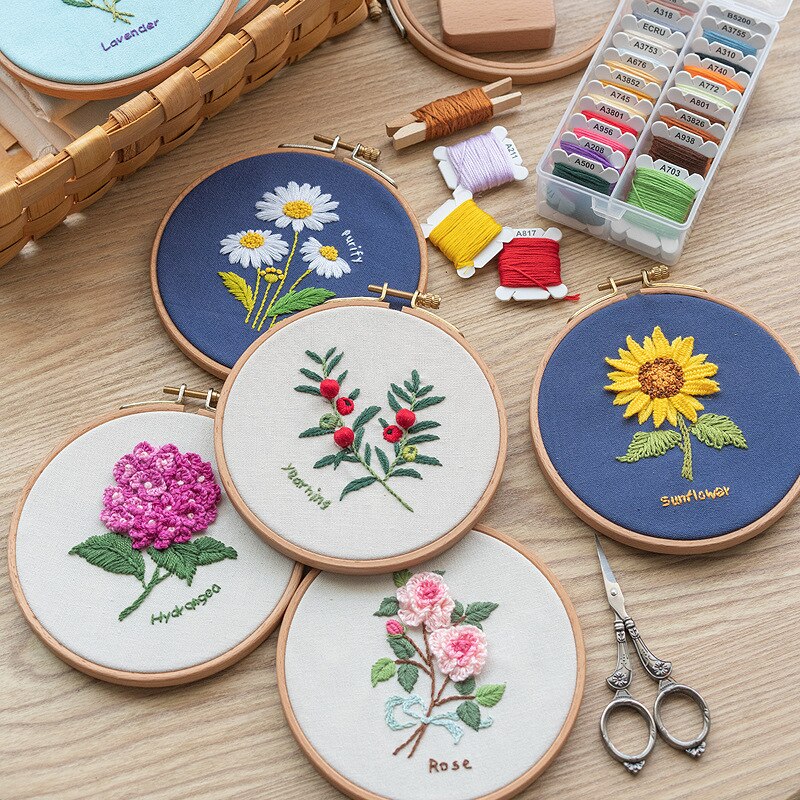 Nybegynner gjør-det-selv stemplet broderi startsett fargerike blomster planter mønster broderi stoff tråder verktøysett dekor kunstverk