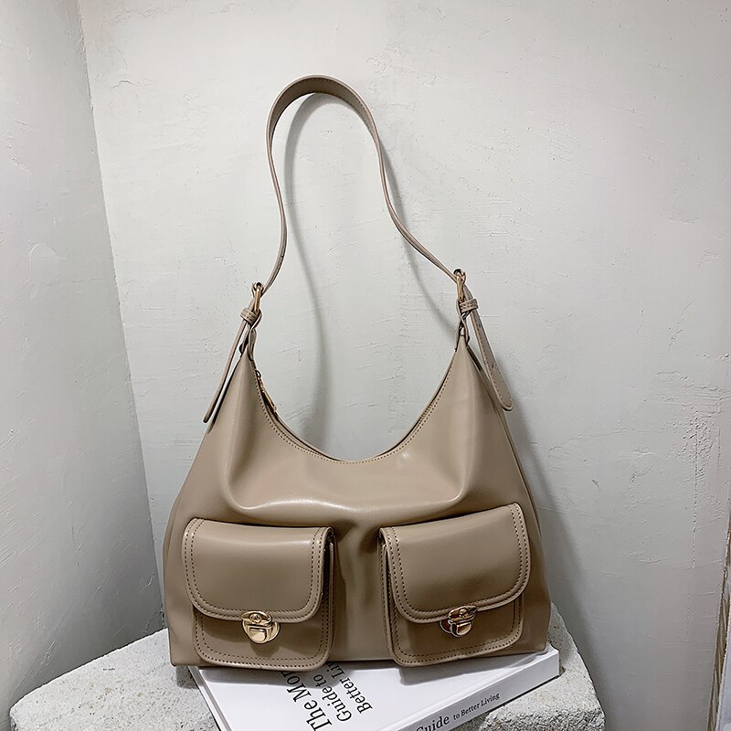 Bolso blanco Hobos de de para mujer, Cartera de mano de piel de Color sólido con múltiples bolsillos, bolso de hombro a la de media luna,: Khaki