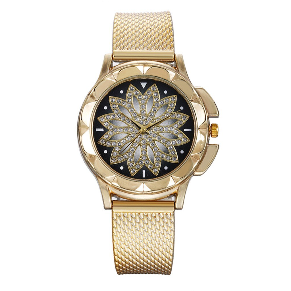 Vrouwen Horloges Mode Dames Stalen Riem Horloge Wilde Dame Creatieve Mode Mode Vrouwen Rose Gouden Bloem Strass Horloges: Gold