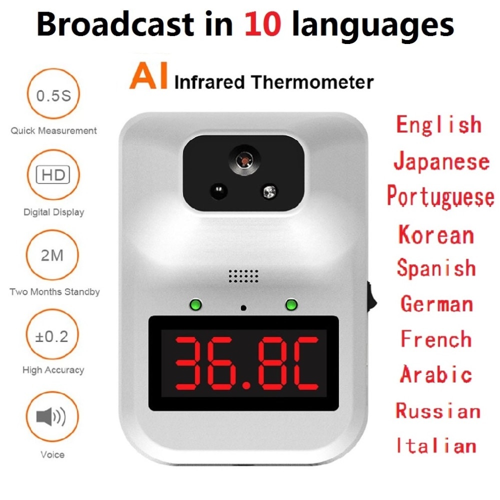 K3 Plus AI Infrared Digital Thermometer Non-contact Forehead Body Adult Thermometer Temperature Alarm Wall Mounted 10 Languages