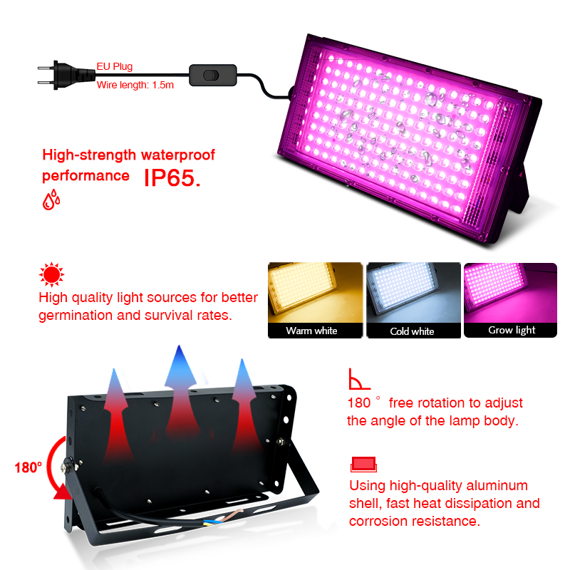 Lampe horticole de croissance LED, 50/100W, AC 220V, pour serre/chambre de culture, éclairage pour plantes