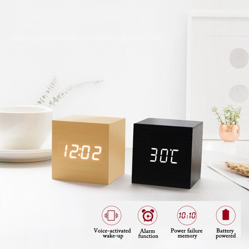Small Square Digital Wooden LED Alarm Clock Wood Retro Glow Clock Desktop Table Decor Voice Control Snooze Function Desk Tool