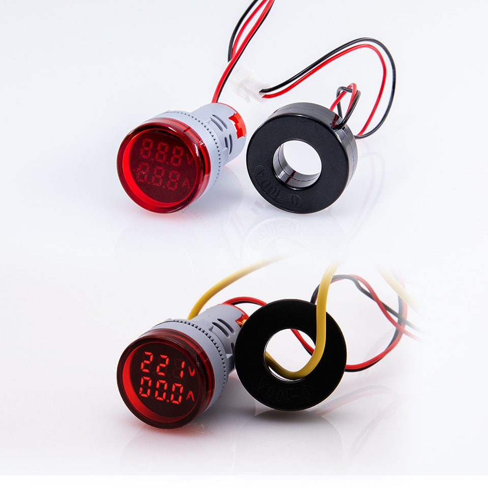 Mini Digitale Voltmeter Amperemeter 22Mm Ronde Ac 50-500V 0-100A Amp Volt Voltage Tester Meter Dual Led indicator Pilot Lamp Licht