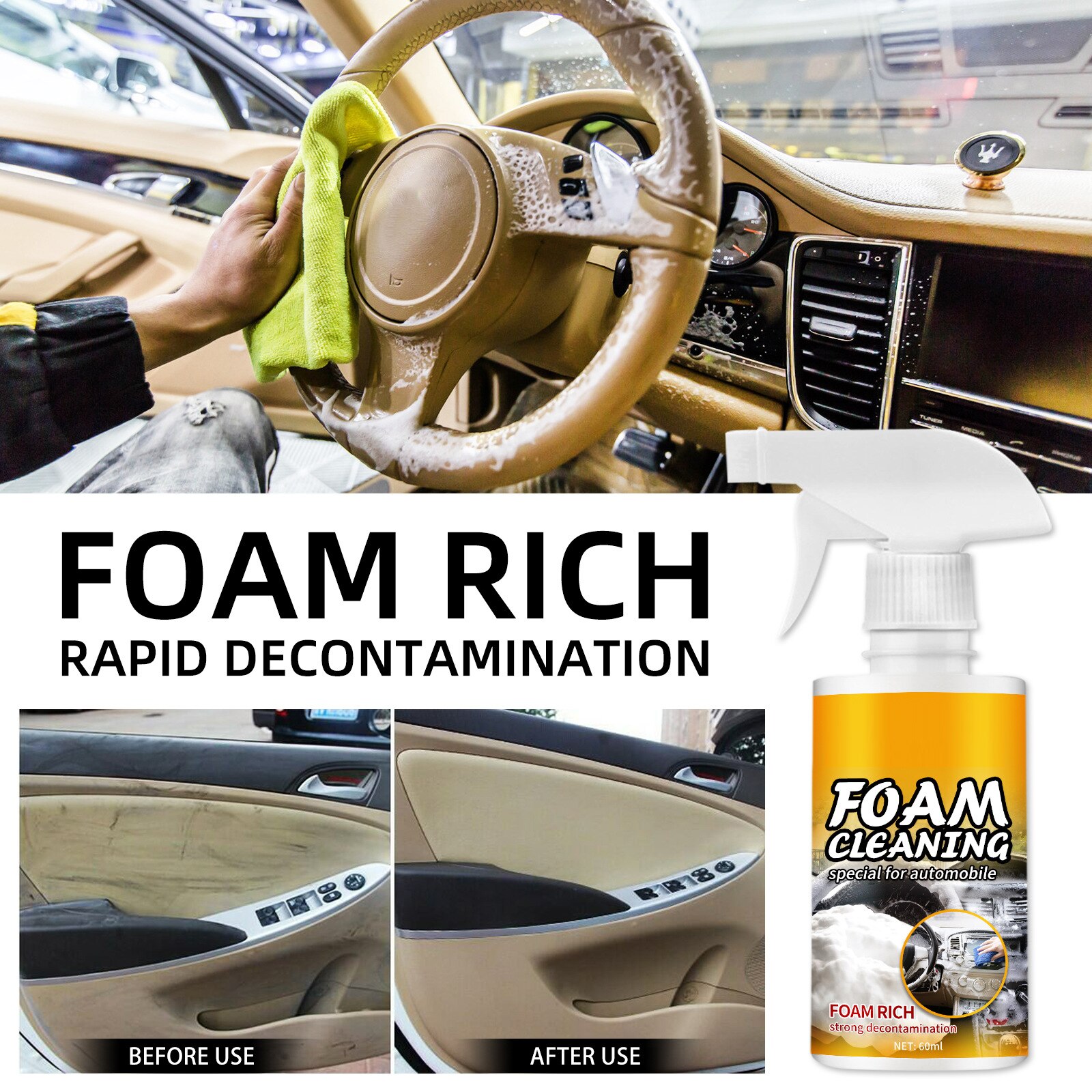 Multipurpose Foam Cleaner for Car Seat Steering Wheel Rinse-Free Car Interior Cleaner Easy to Use Leather Cleaner Car Cleaning