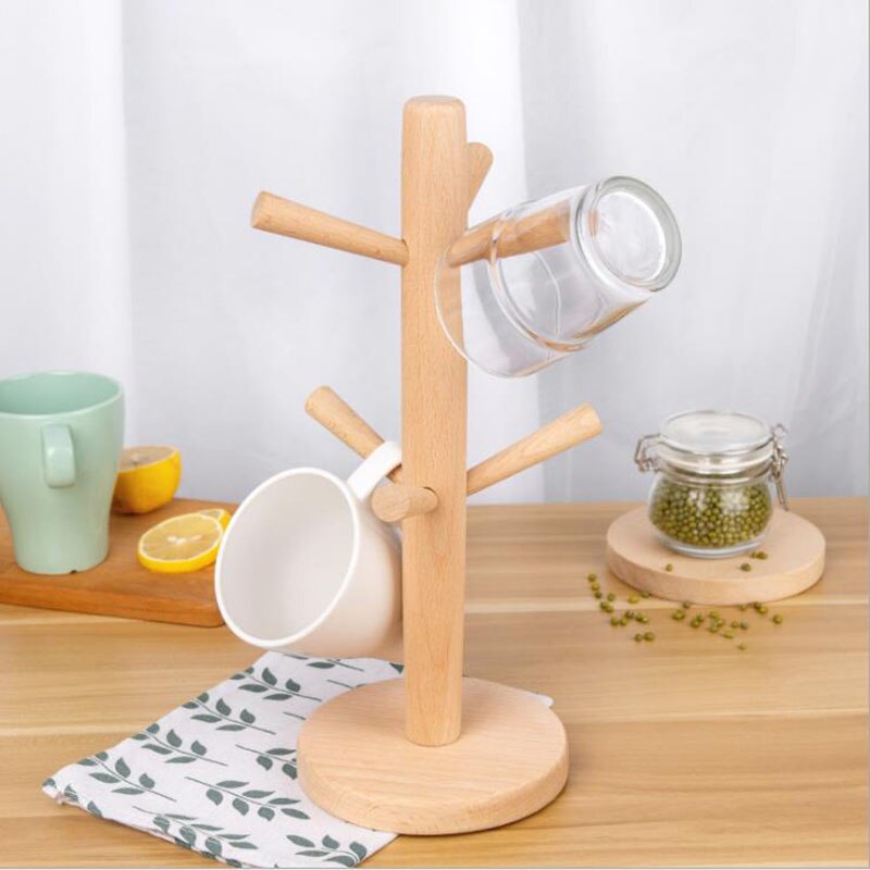 Wooden Mug Tree Coffee Tea Cup Organizer Hanger Holder With 6 Hooks Removable Mug Stand Glass Rack