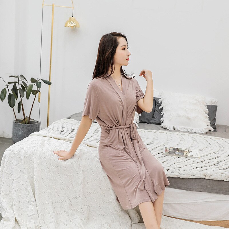 plus size women nightgown ladies summer ice silk modal loose pajamas cotton home clothes bathrobes robes women sleepwear: Khaki