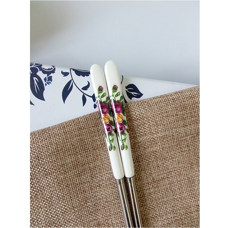 BalleenShiny 1 Pair Stainless Steel Chopsticks Chinese Style Rose Peony Ceramic Handle Anti-skid Chopsticks for Rice: Yellow rose