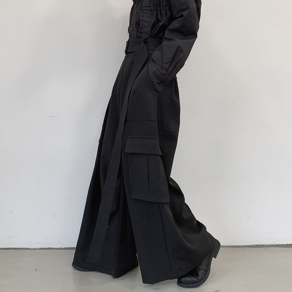 Men High Waisted Wide Leg Pants Loose Gothic Pocket Kendo Hakama Trousers Black Pants 903-B567