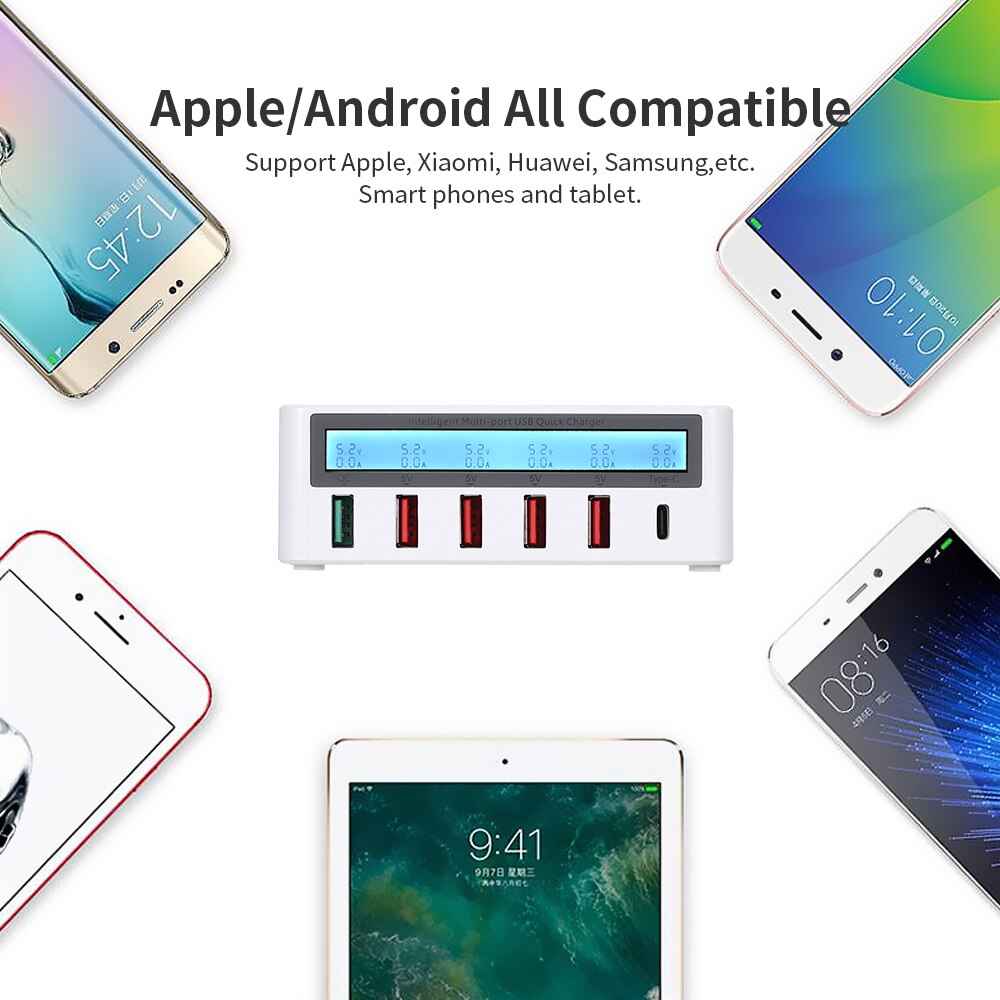 USB Smart Charging Station 6 Ports LCD USB Charging Dock QC3.0 Fast Charging Universal Compatibility Charging Station for PC