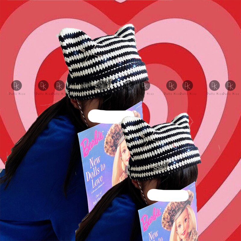 Harajuku Punk Gothic Knitted Cat Ear Hat Women Kawaii Cross PinWinter Beanie Hat Female Girls Accessories