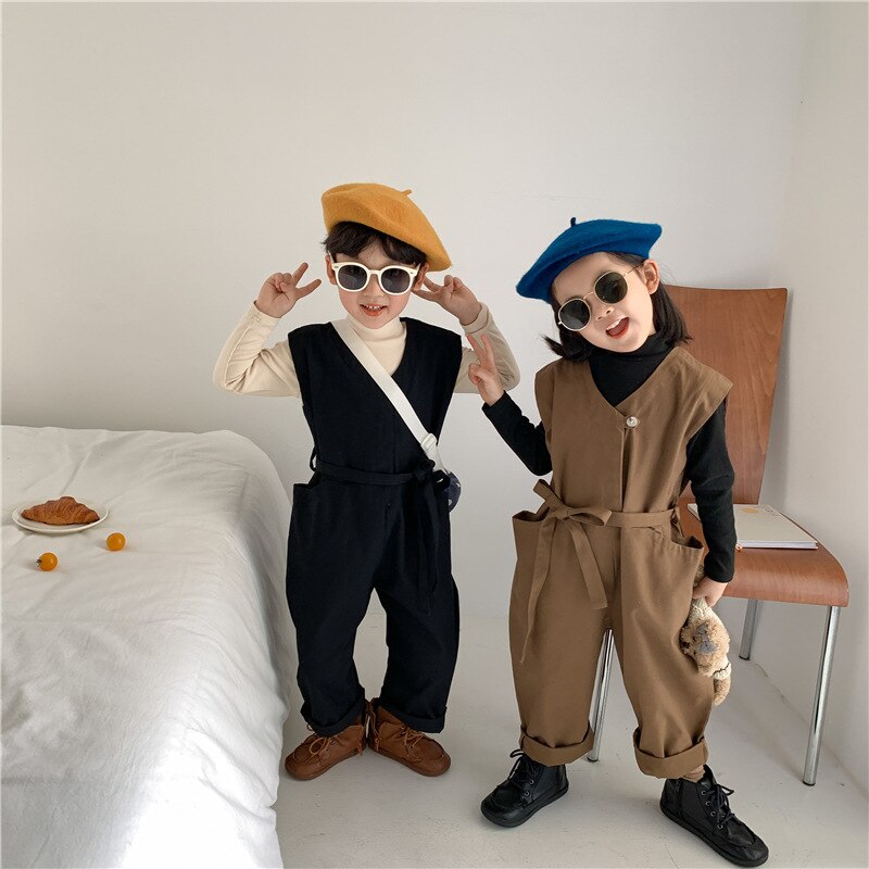 Herfst Koreaanse Stijl Katoen Pure Kleur Losse Mouwloze Jarretel Lange Broek Voor Mode Schattige Baby Meisjes En Jongens