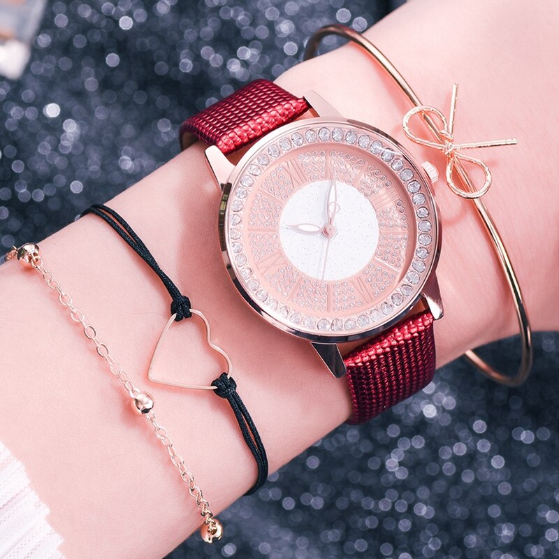 Dames leren sporthorloges quartzhorloges dames polshorloge dameshorloge met strass en armband: Leren rode set