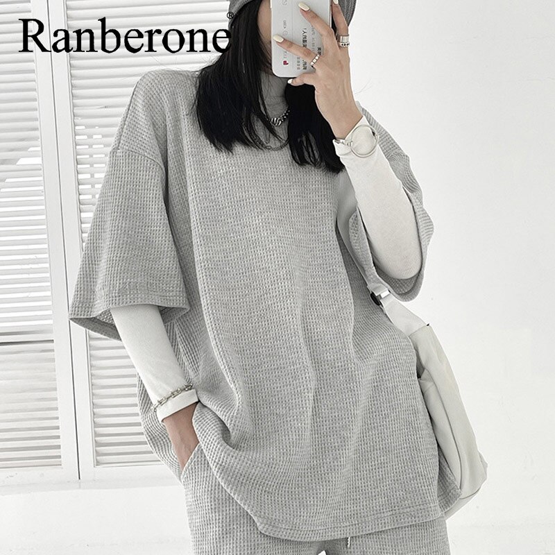 Ranberone Women Tracksuits Hip Hop Casual Two Piece Sport Suits Pullover Sweater Loose Shorts Women Streetwear Outfits Solid Set