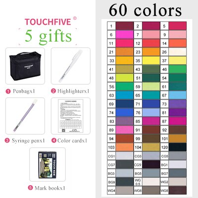 Touchfive markører pen 30/60/80/168 farver dobbelt hoved graffiti pen olieagtig alkoholisk skitse markør pensel pen kunstforsyninger til tegning: Touchfive 60 farver
