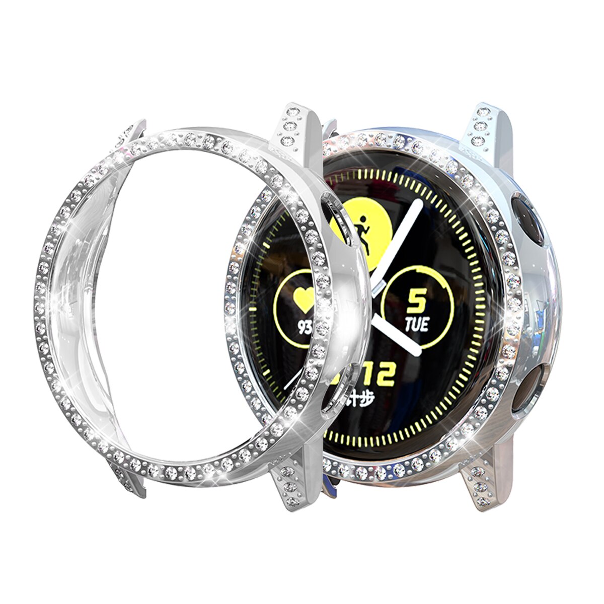 Bling diamant kofanger taske til samsung galaxy watch aktivt bånd pc beskytte cover beskyttende shell ramme smart ur tilbehør: Sølv