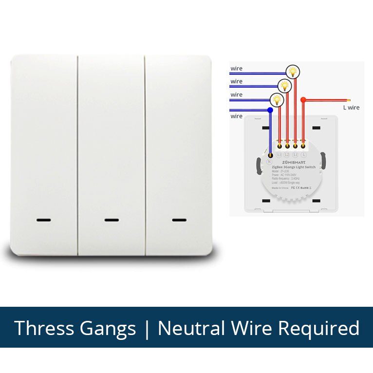 Zemismart Tuya Zigbee Wall Push Switch Alexa Google Home Light Switches No Neutral Wire Physical Button: 3 gangs With neutral