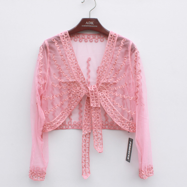 Zomer Vrouwen Kant Bolero Jas Schouderophalen Lange Mouw Korte Dunne Haak Borduren Gestreepte Vrouwelijke Shawl Vrouwen Vest Met Riem: pink