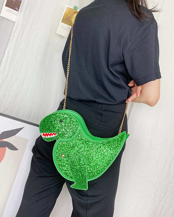Sac à bandoulière à paillettes en forme de dinosaure pour femmes, sacs à main avec chaîne, pochette décontractée en cuir Pu